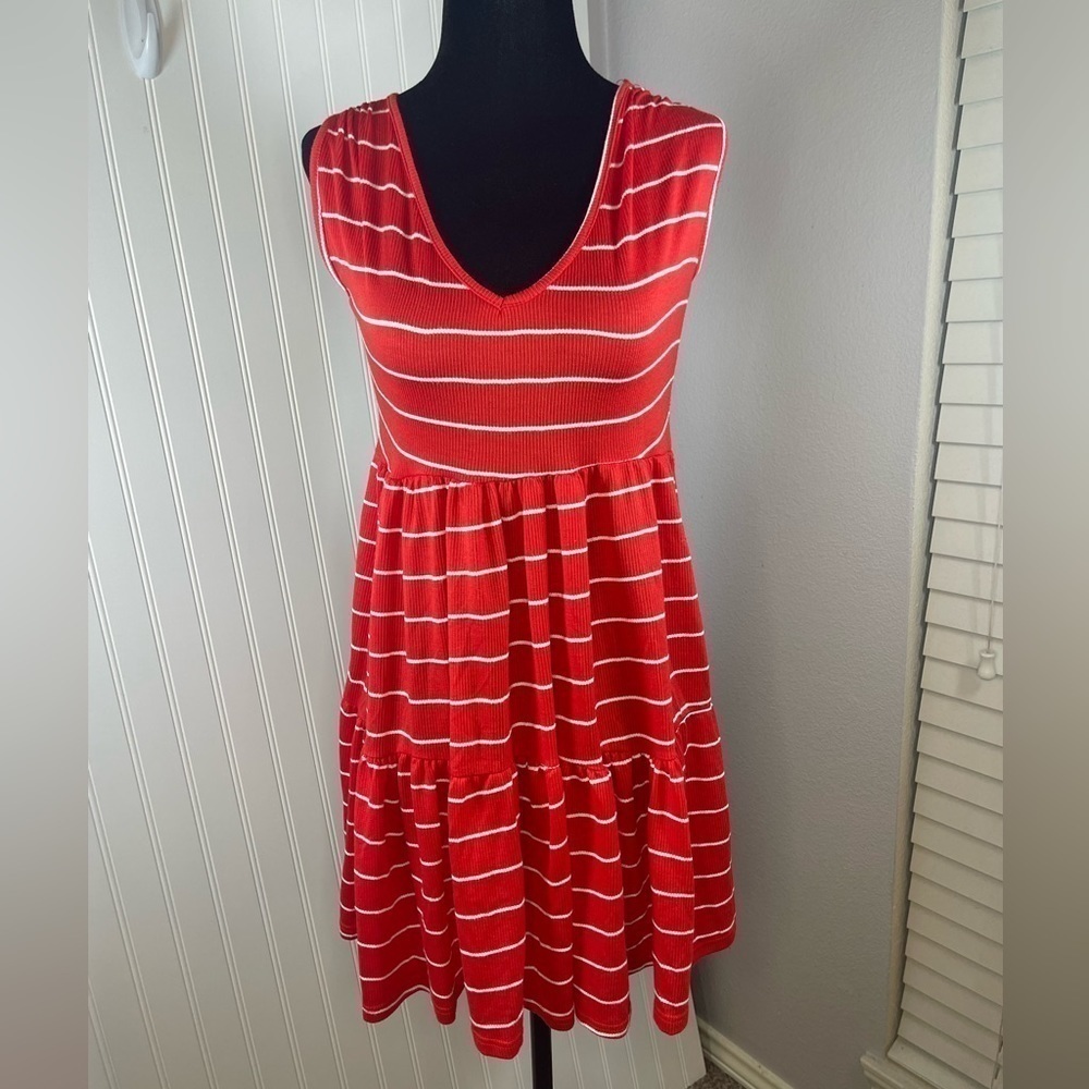 See You Monday Womens Red White Striped Sleeveless Ruffle Mini Dress Size Small